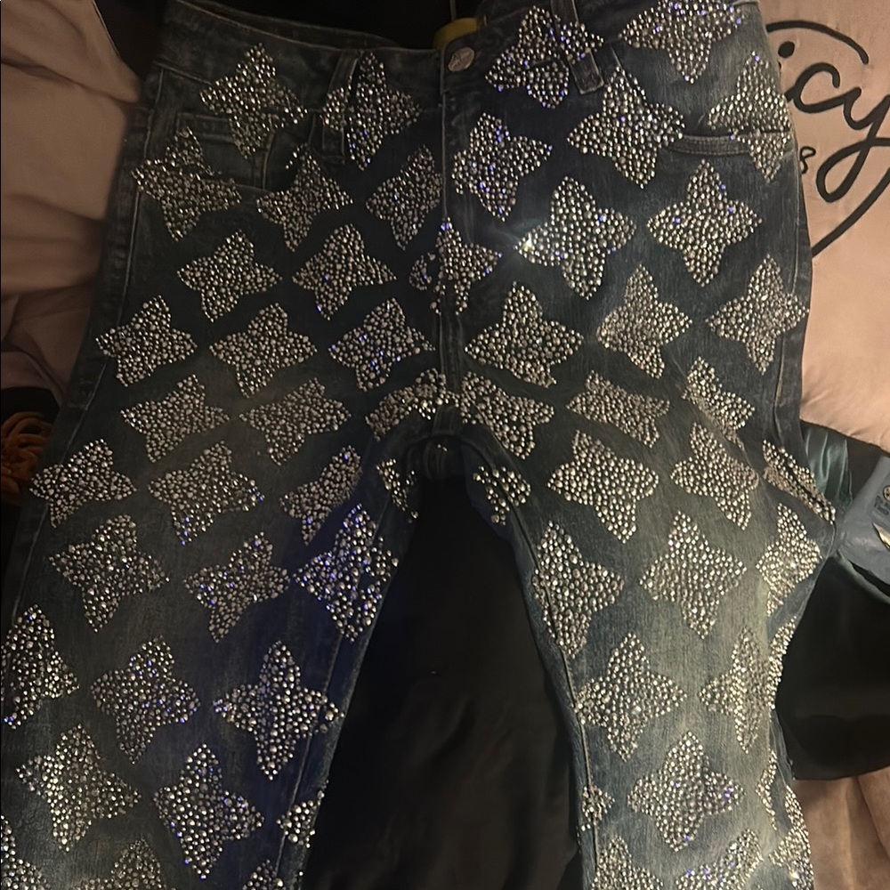 Blue Boot Cut Jeans with Intricate Pattern
